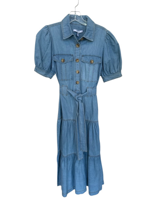 Derek Lam 10 Crosby Size 6 Light Wash Cotton Short Balloon Sleeve Belted Dress Light Wash / 6