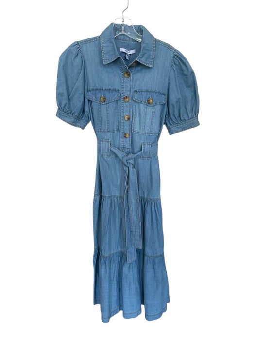 Derek Lam 10 Crosby Size 6 Light Wash Cotton Short Balloon Sleeve Belted Dress Light Wash / 6