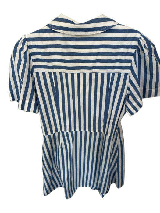 Tanya Taylor Size 8 Blue & White Cotton Short Sleeve Striped Wrap Collar Dress Blue & White / 8
