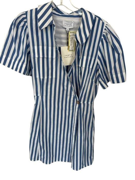 Tanya Taylor Size 8 Blue & White Cotton Short Sleeve Striped Wrap Collar Dress Blue & White / 8
