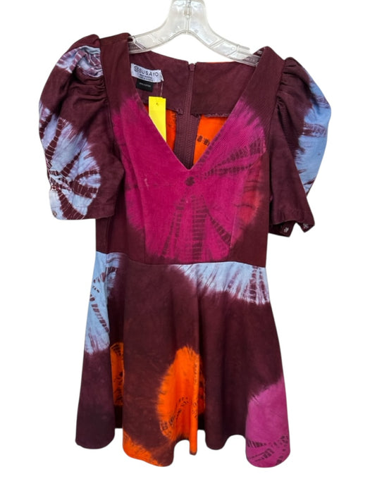Busayo Size M Maroon & Orange Cotton Short Balloon Sleeve Tie Dye Back Zip Dress Maroon & Orange / M