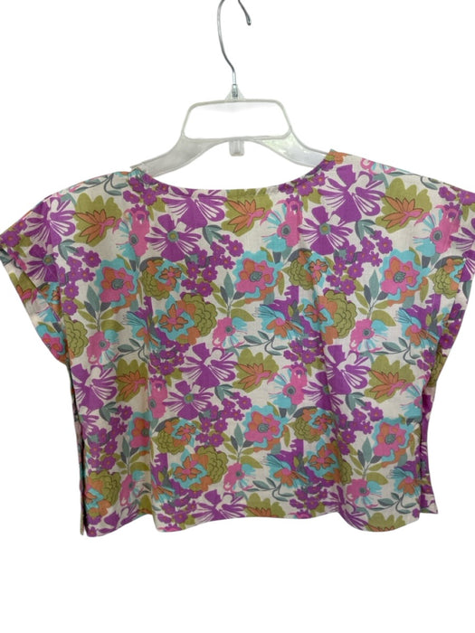 Size XS Purple & Tan Cotton Cap Sleeve Flowers Side Buttons Top Purple & Tan / XS