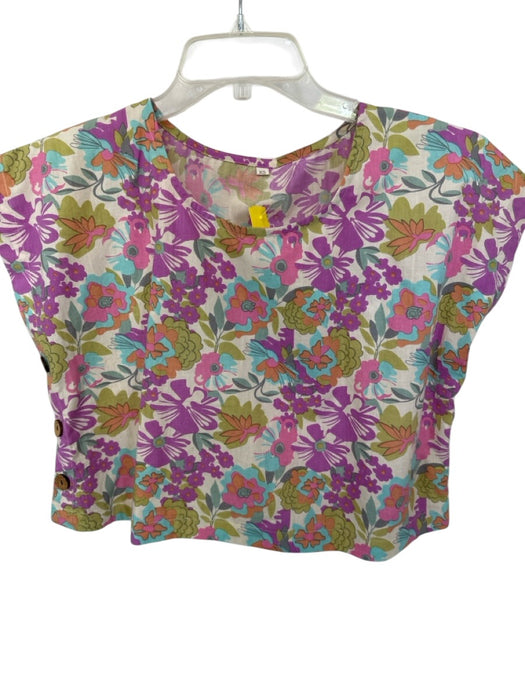 Size XS Purple & Tan Cotton Cap Sleeve Flowers Side Buttons Top Purple & Tan / XS