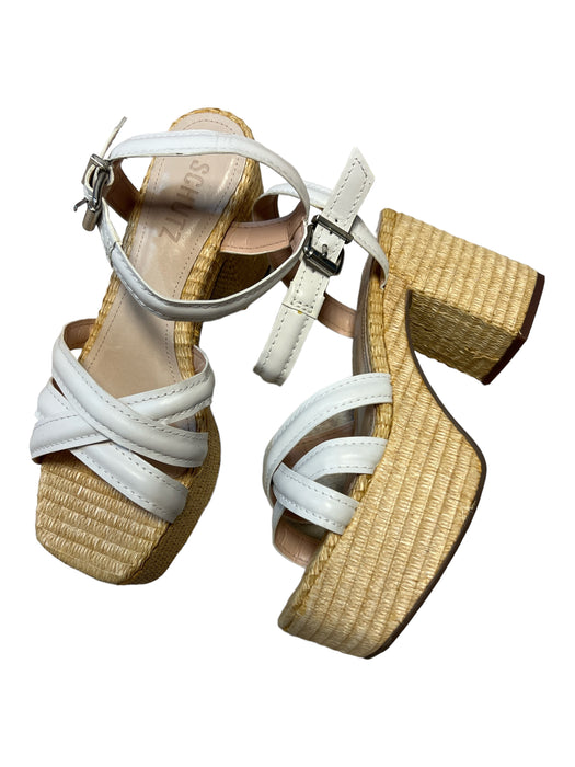 Schutz Shoe Size 6.5 Tan & White Wicker Leather Platform Square Toe Sandals Tan & White / 6.5
