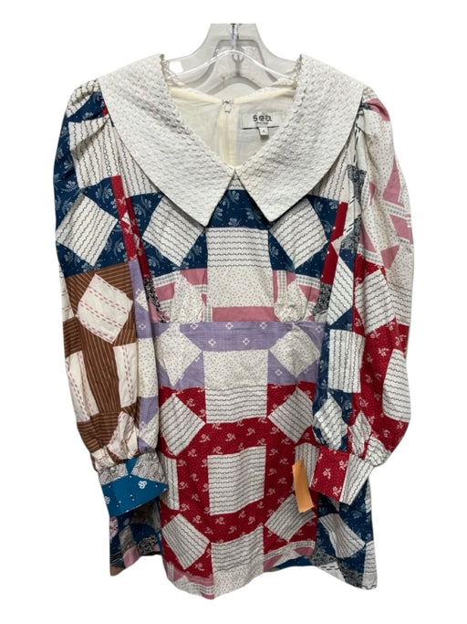 Sea New York Size 4 Cream, Navy & Red Cotton Long Balloon Sleeve Patchwork Dress Cream, Navy & Red / 4