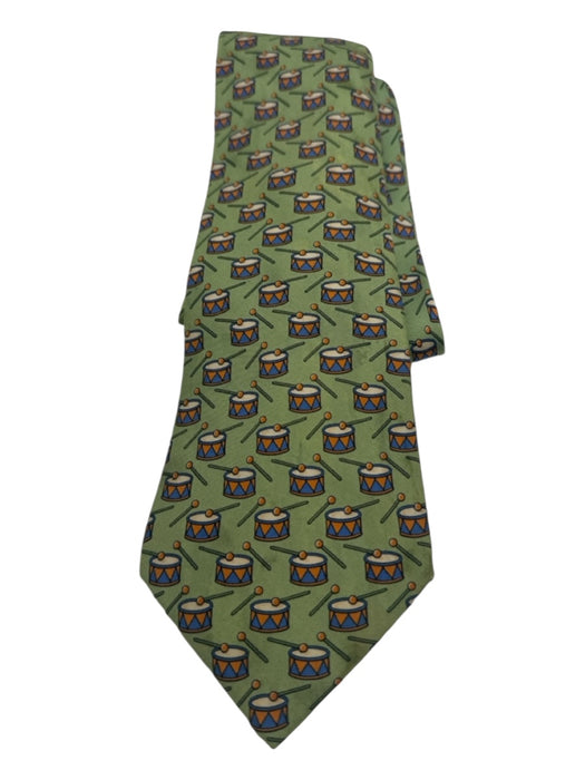 Hermes Green & Orange Print Silk Drums Men's Ties