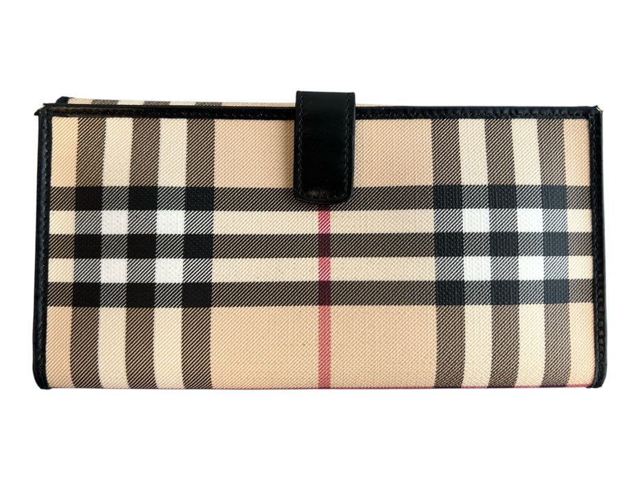 Burberry Beige Coated Cotton Leather trim Nova Check Snap Closure Long Wallets Beige