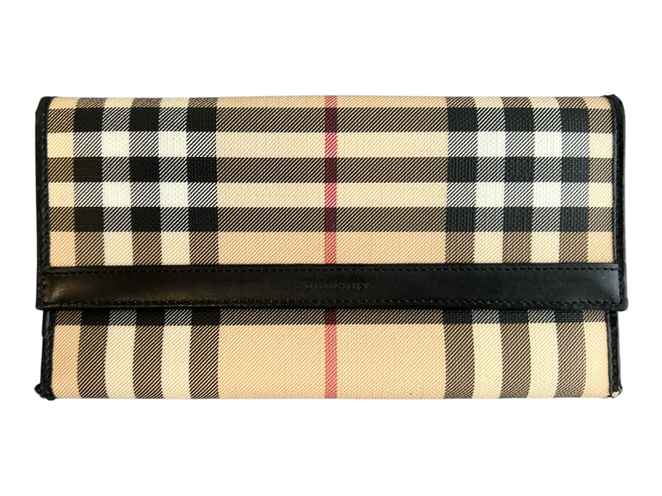 Burberry Beige Coated Cotton Leather trim Nova Check Snap Closure Long Wallets Beige