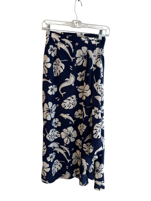 Escada Size 36 Navy & white Silk Tie Waist Tropical Print Button Waist Skirt Navy & white / 36