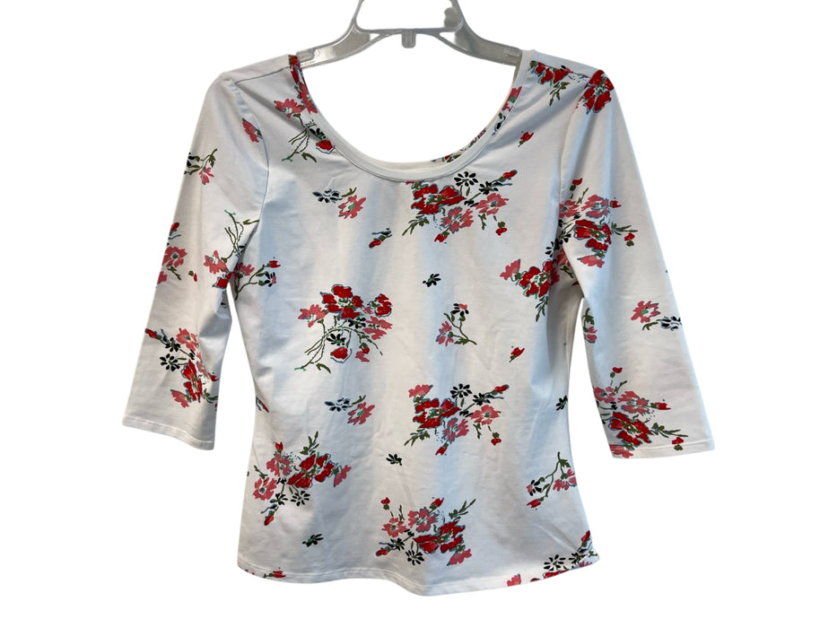 Rebecca Taylor Size M White & Multi Cotton Floral Scoop Neck 3/4 Sleeve Top White & Multi / M