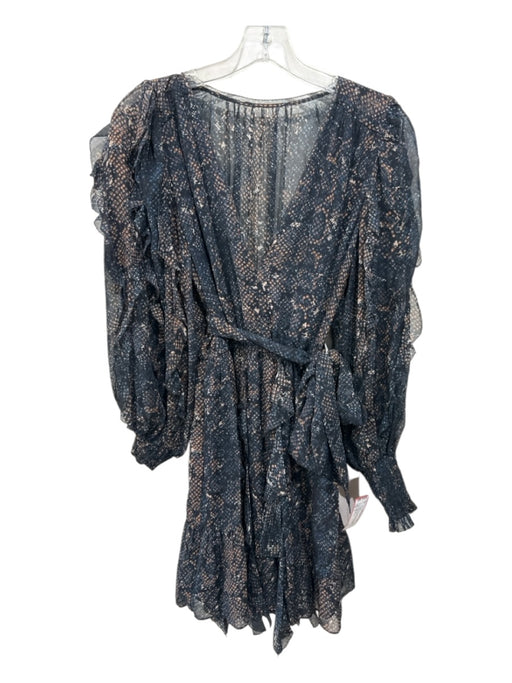 Ulla Johnson Size 6 Navy Blue & Brown Silk Long puff sleeve Snake Print Dress Navy Blue & Brown / 6