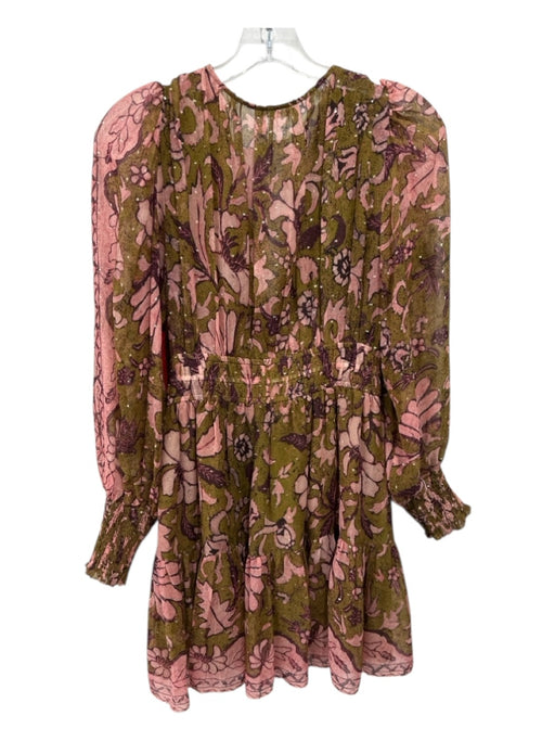 Ulla Johnson Size 4 Green & Pink Silk Long puff sleeve Floral Print Mini Dress Green & Pink / 4