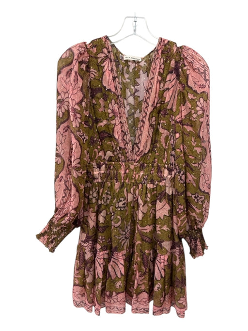 Ulla Johnson Size 4 Green & Pink Silk Long puff sleeve Floral Print Mini Dress Green & Pink / 4