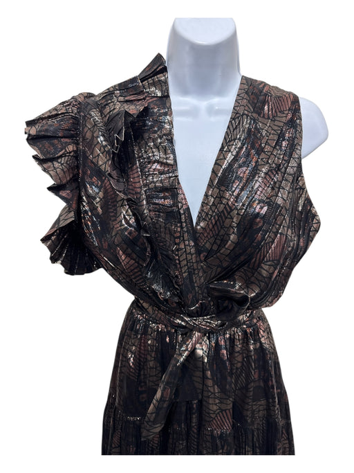 Ulla Johnson Size 6 Gold, Bronze, Brown Silk & Polyester Sleeveless V Neck Dress Gold, Bronze, Brown / 6