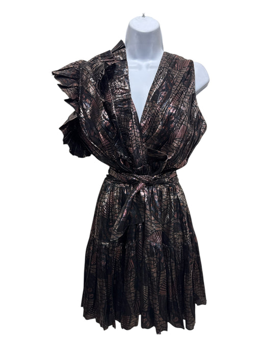 Ulla Johnson Size 6 Gold, Bronze, Brown Silk & Polyester Sleeveless V Neck Dress Gold, Bronze, Brown / 6