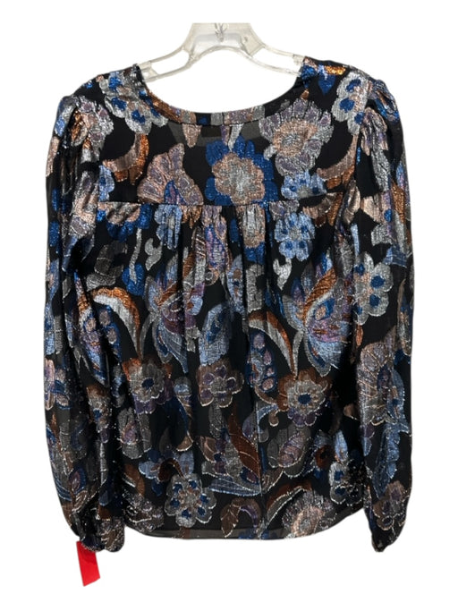 Ramy Brook Size S Black, Silver & Blue Silk Long Sleeve Metallic Thread Top Black, Silver & Blue / S