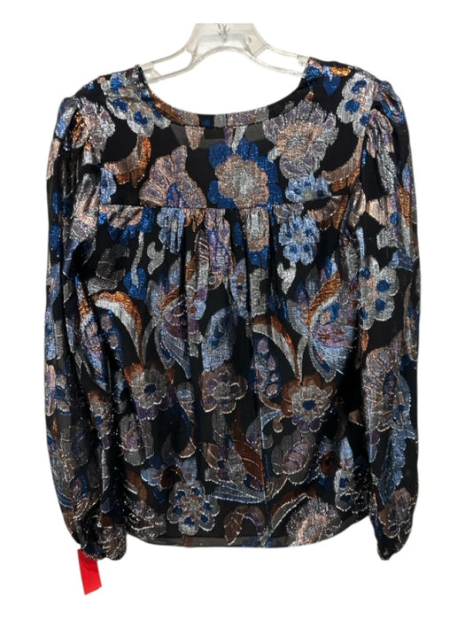 Ramy Brook Size S Black, Silver & Blue Silk Long Sleeve Metallic Thread Top Black, Silver & Blue / S