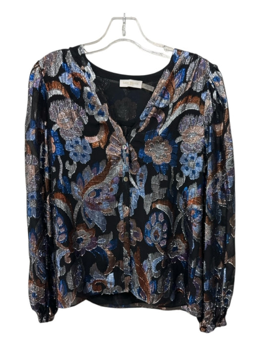 Ramy Brook Size S Black, Silver & Blue Silk Long Sleeve Metallic Thread Top Black, Silver & Blue / S