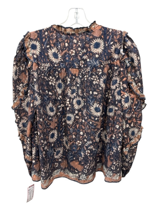Ulla Johnson Size 0 Blue, Brown, Multi Cotton & Viscose Long puff sleeve Top Blue, Brown, Multi / 0