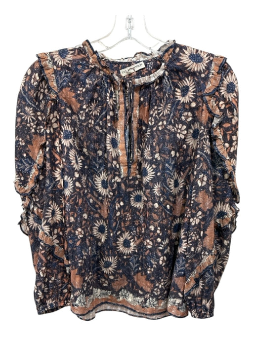 Ulla Johnson Size 0 Blue, Brown, Multi Cotton & Viscose Long puff sleeve Top Blue, Brown, Multi / 0