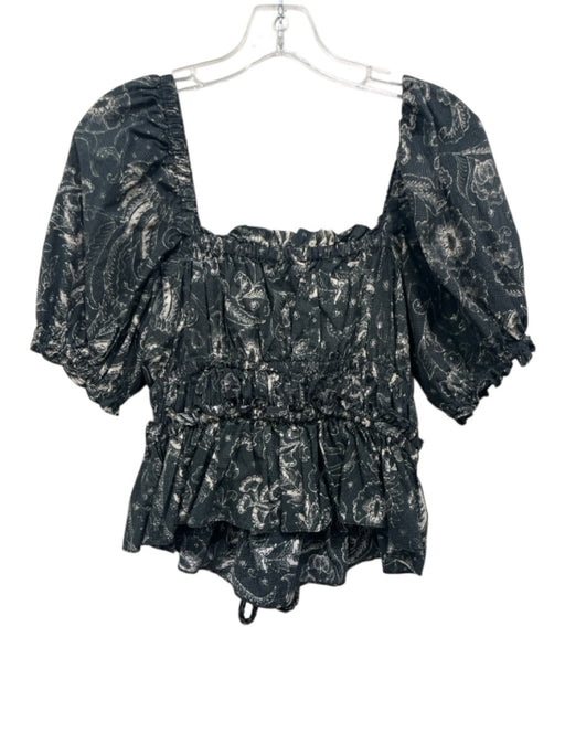 Ulla Johnson Size 4 Green & Cream Cotton Drawstring Floral Print Top Green & Cream / 4