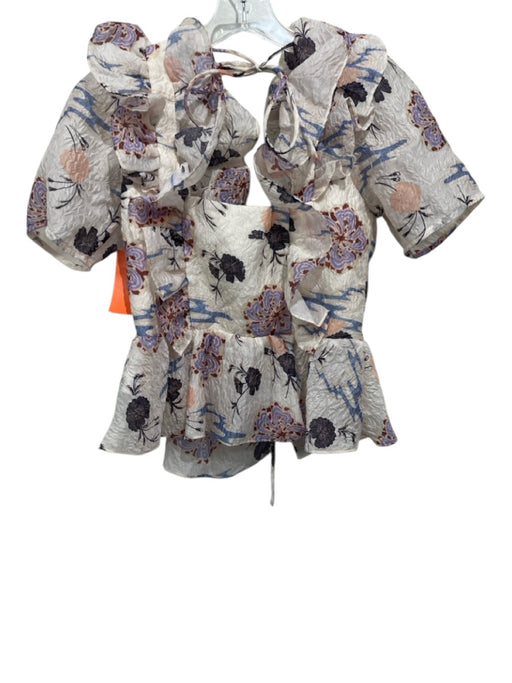 Ulla Johnson Size 2 White, Blue, Multi Nylon & Silk Ruffled Floral Print Top White, Blue, Multi / 2