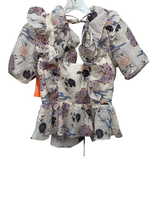 Ulla Johnson Size 2 White, Blue, Multi Nylon & Silk Ruffled Floral Print Top White, Blue, Multi / 2
