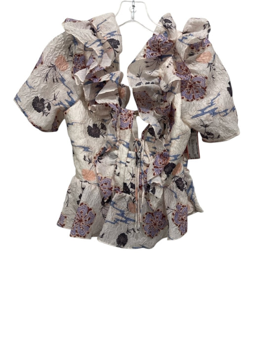 Ulla Johnson Size 2 White, Blue, Multi Nylon & Silk Ruffled Floral Print Top White, Blue, Multi / 2