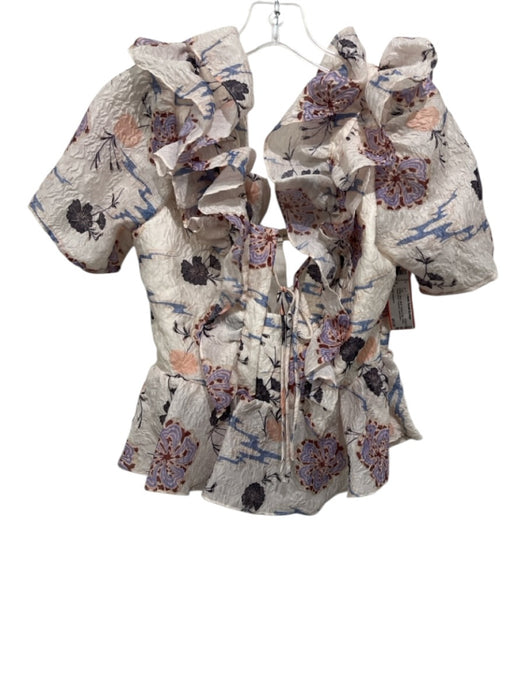Ulla Johnson Size 2 White, Blue, Multi Nylon & Silk Ruffled Floral Print Top White, Blue, Multi / 2