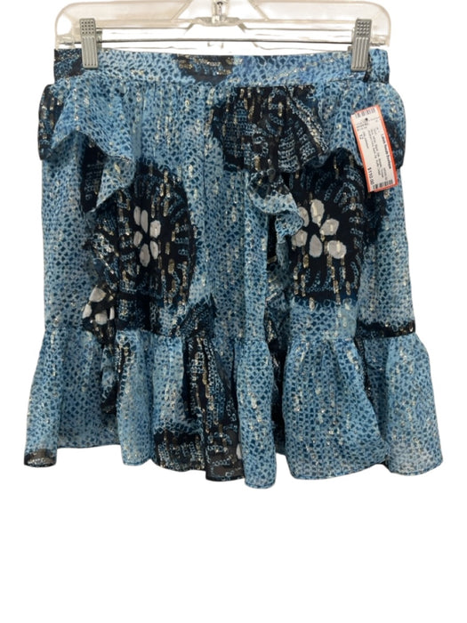Ulla Johnson Size 12 Blue, White, Black Silk Metallic Thread Back Zip Skirt Blue, White, Black / 12