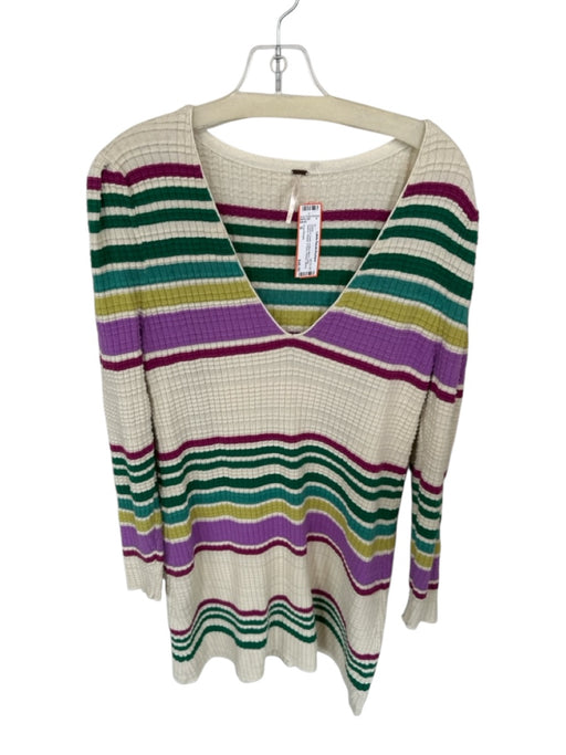 Free People Size S Purple & Green Cotton Blend Long Sleeve Striped V Neck Dress Purple & Green / S