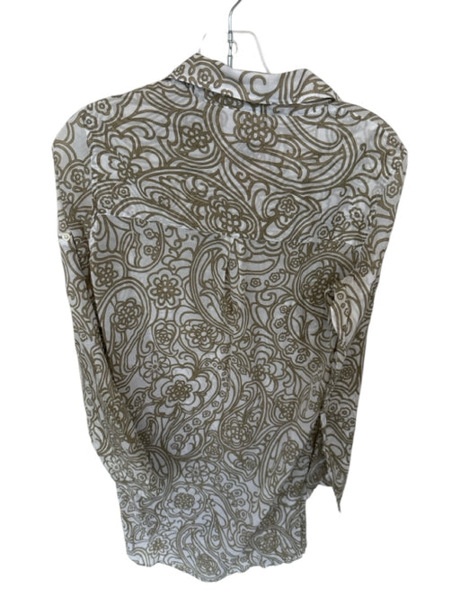 0039 Italy Size XS Taupe & White Cotton Flowers Long Sleeve Button Down Dress Taupe & White / XS