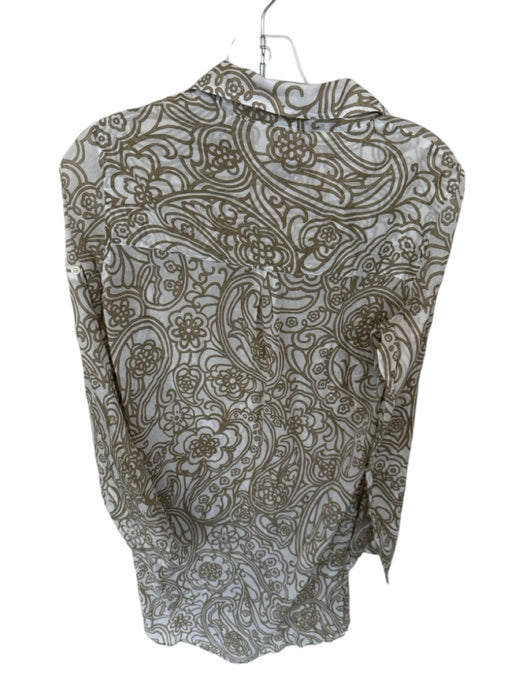 0039 Italy Size XS Taupe & White Cotton Flowers Long Sleeve Button Down Dress Taupe & White / XS