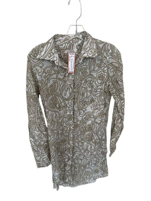 0039 Italy Size XS Taupe & White Cotton Flowers Long Sleeve Button Down Dress Taupe & White / XS