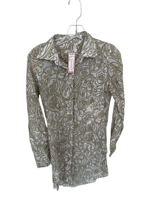 0039 Italy Size XS Taupe & White Cotton Flowers Long Sleeve Button Down Dress Taupe & White / XS