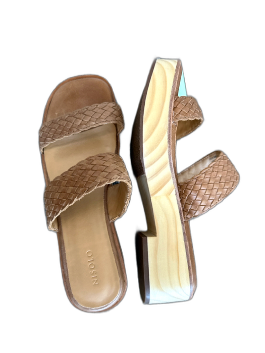 Nisolo Shoe Size Est 7 Brown & Beige Wood Two Strap Woven Block Heel Sandals Brown & Beige / Est 7