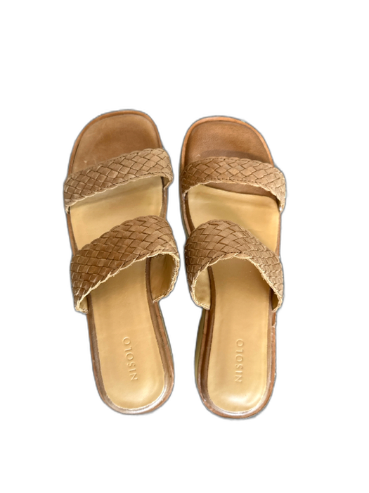 Nisolo Shoe Size Est 7 Brown & Beige Wood Two Strap Woven Block Heel Sandals Brown & Beige / Est 7