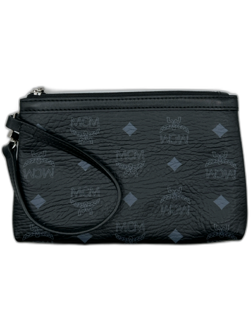 MCM Black & Gray Leather Zip Close Logo Wristlet Bag Black & Gray / XS
