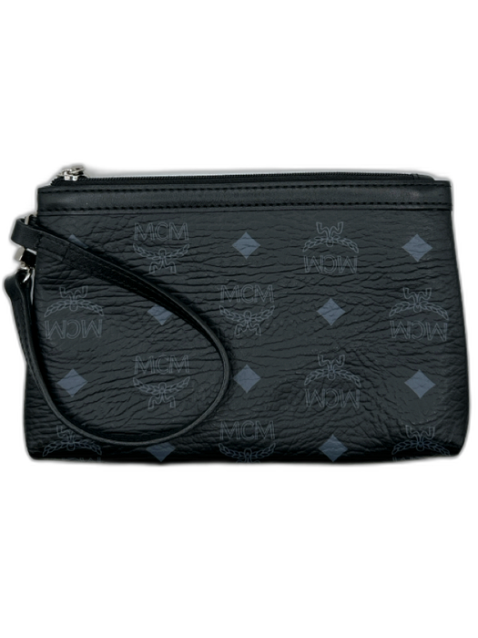 MCM Black & Gray Leather Zip Close Logo Wristlet Bag Black & Gray / XS