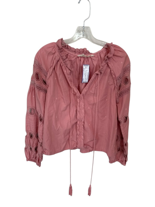 Forever That Girl Size S Pink Cotton Eyelet Long Sleeve Tassel V Neck Top Pink / S