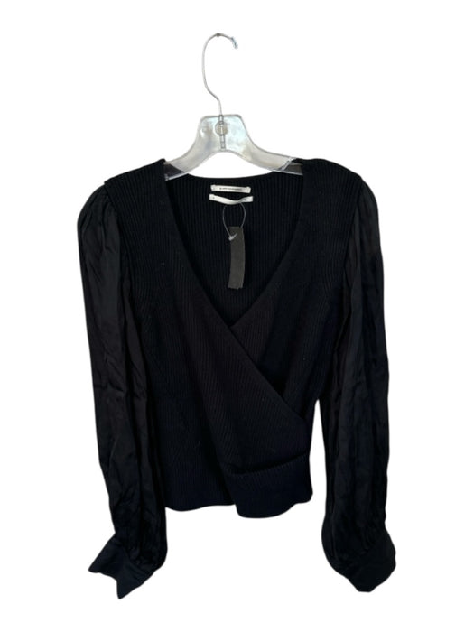 Anthropologie Size S Black Viscose Blend Ribbed Wrap Longline Balloon Sleeve Top Black / S