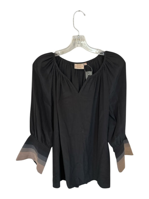Rungolee Size XS Black & Natural Blouson Sleeves Pleated Accent V Neck Top Black & Natural / XS