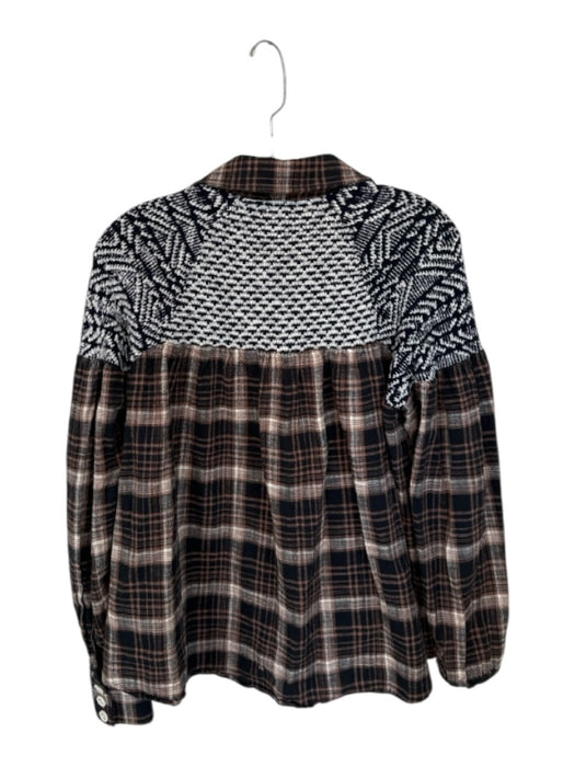 Free People Size XS Brown & Black Cotton Flannel Button Up Knit Detail Top Brown & Black / XS