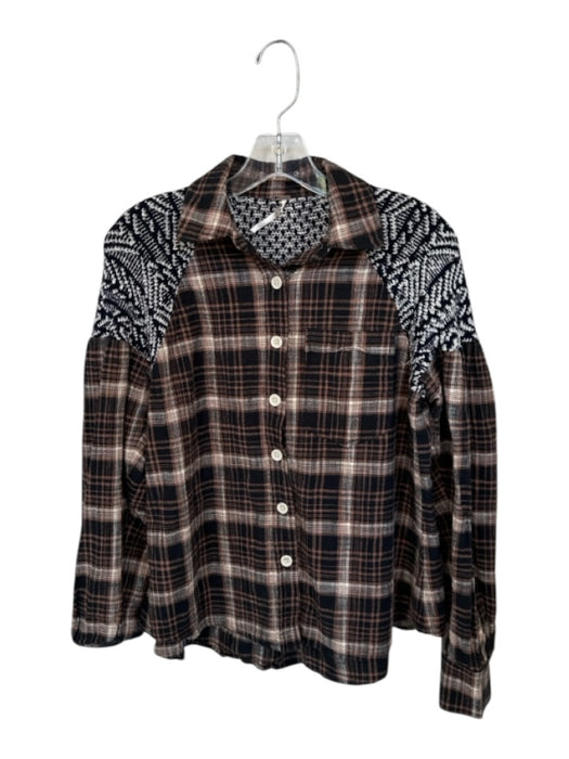 Free People Size XS Brown & Black Cotton Flannel Button Up Knit Detail Top Brown & Black / XS