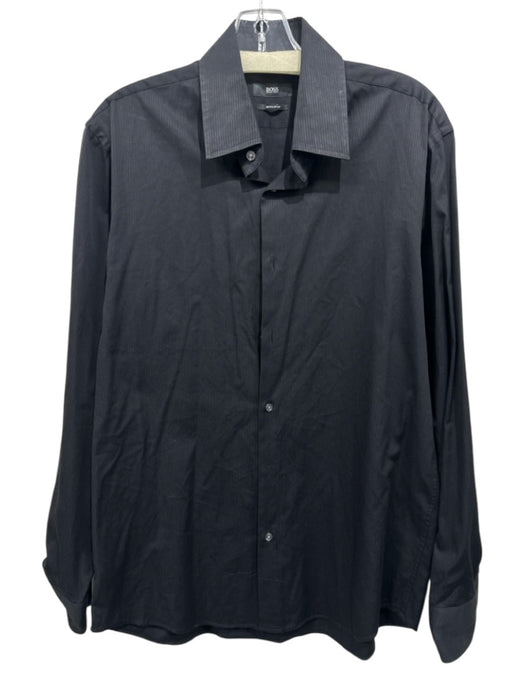 Boss Size 16.5 Black Cotton Striped Button Up Men's Long Sleeve Shirt Black / 16.5