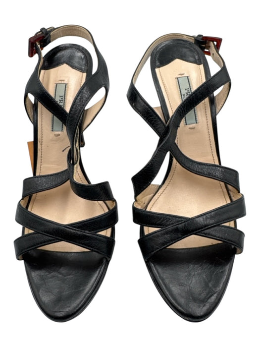 Prada Shoe Size 37.5 Black Leather Upper Criss Cross Ankle Buckle Sandals Black / 37.5