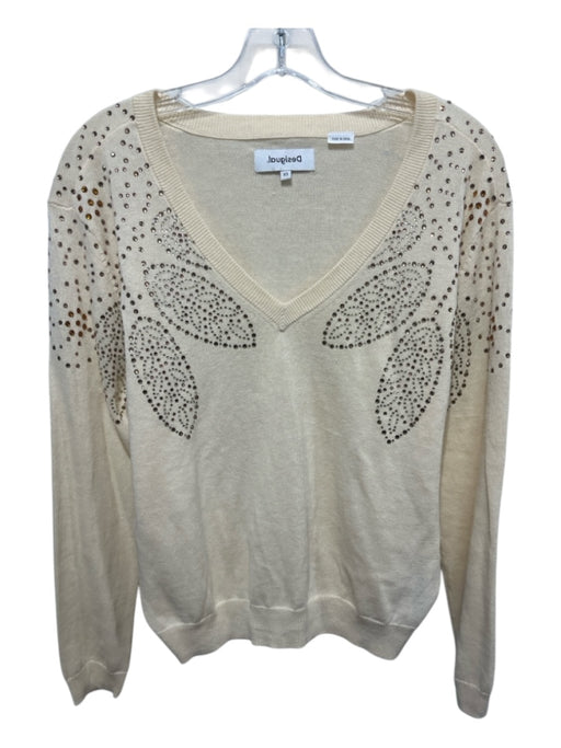 Desigual Size XS Cream & Copper Ramie & Cotton Long Sleeve Rhinestone Sweater Cream & Copper / XS