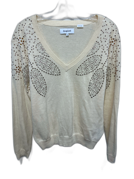 Desigual Size XS Cream & Copper Ramie & Cotton Long Sleeve Rhinestone Sweater Cream & Copper / XS