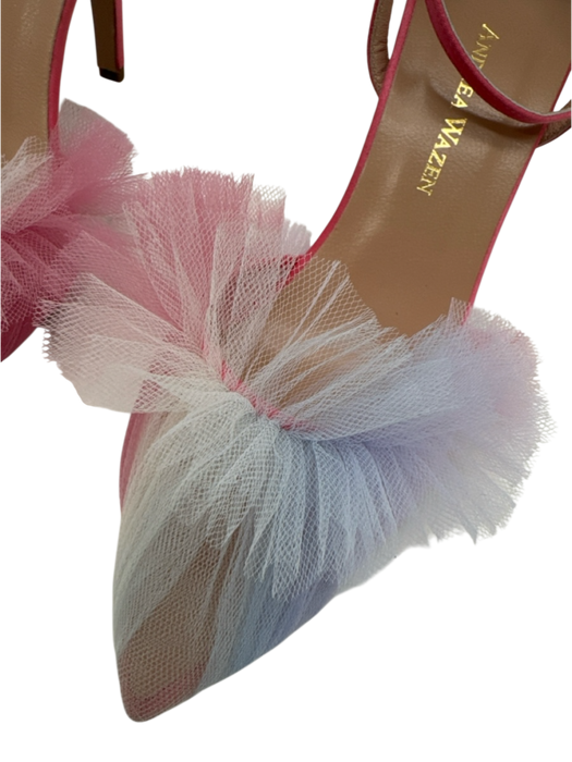 Andrea Wazen Shoe Size 36.5 Pink & blue Leather Tulle Pointed Toe Ruffle Pumps Pink & blue / 36.5