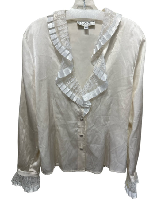 St. John Evening Size 10 White Silk Blend V Neck Lace Detail Long Sleeve Top White / 10